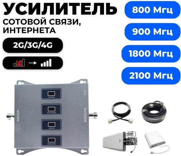 Усилитель репитер 2G GSM/DCS/3G/4G (800/900/1800/2100МГц) до 300м² (комплект)